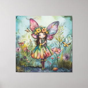 Whimsical Fairy, Butterflies and Wildflowers Canvas Print