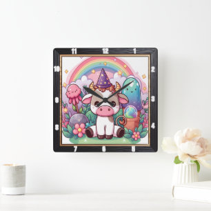 Whimsical Fairy Cow Rainbow  Square Wall Clock