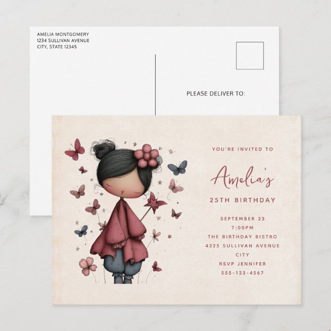 Whimsical Fairy Doll Retro Cute Birthday Invitation Postcard (Front/Back)