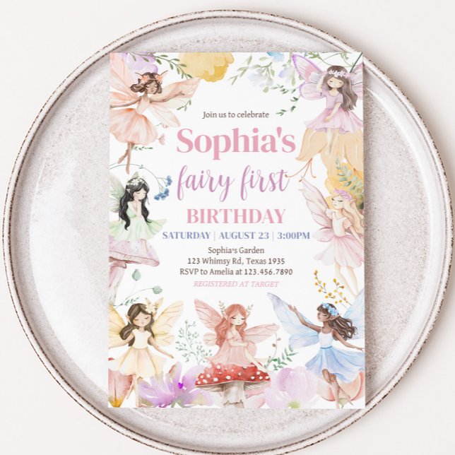 Whimsical Fairy First Birthday Party Invitation (Whimsical Floral Fairy First Birthday Party Invitation)