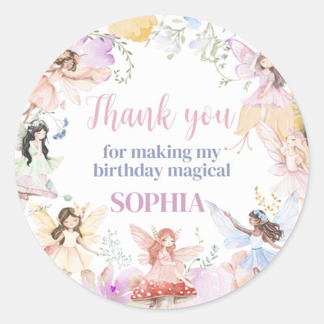 Whimsical Fairy First Birthday Party Round Sticker (Front)
