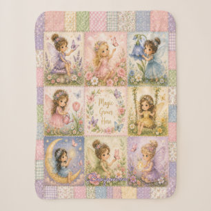 Whimsical Fairy Floral Butterfly Garden Patchwork Sherpa Blanket