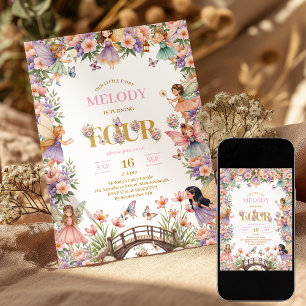 Whimsical Fairy flower 4th birthday Invitation