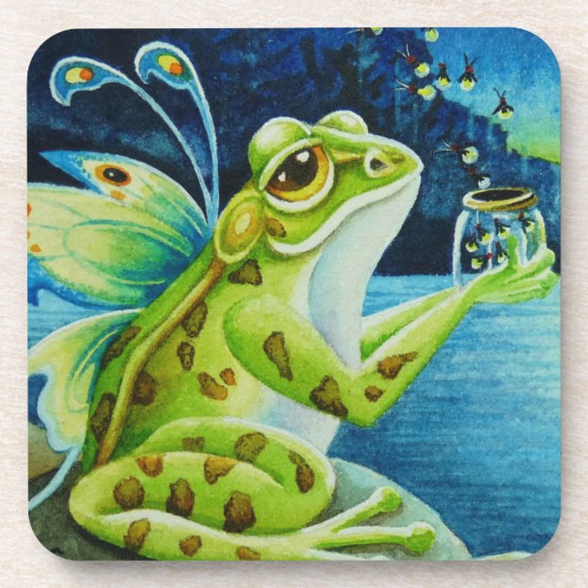 Whimsical Fairy Frog & Fireflies Watercolor Art Coaster (Front)