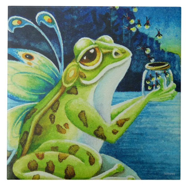 Whimsical Fairy Frog & Fireflies Watercolor Art Tile (Front)