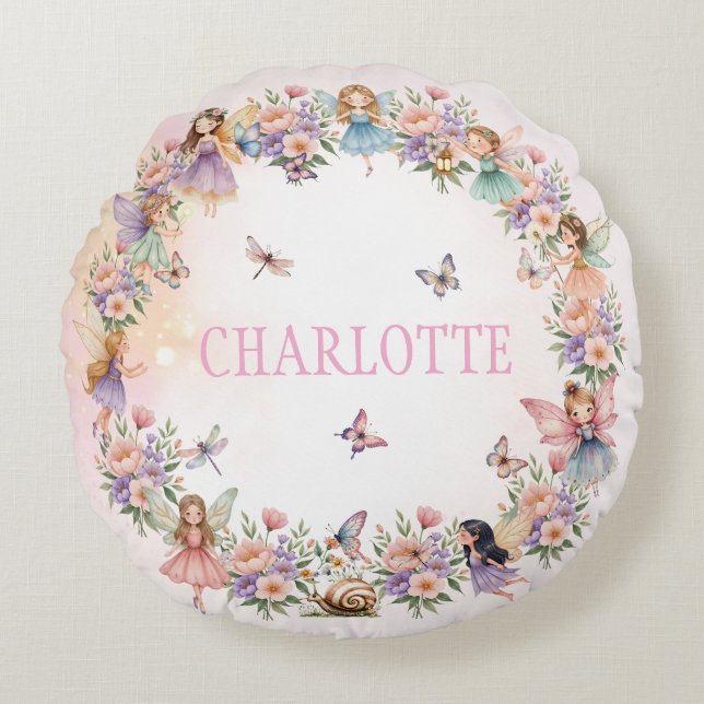 Whimsical fairy garden gift for girl round cushion (Front)