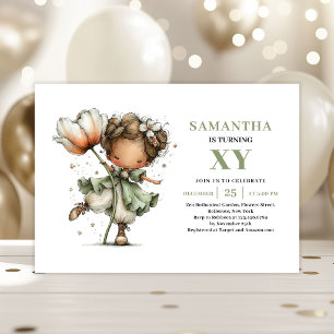 Whimsical Fairy Girl 1st Birthday Sage Floral  Invitation