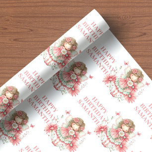 Whimsical Fairy Girl Blush Floral Birthday  Wrapping Paper