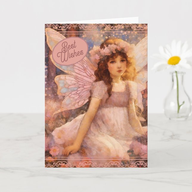 Whimsical Fairy in Dreamy Pink Floral Garden Card (Small Plant)