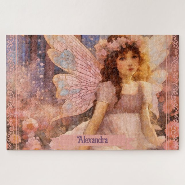 Whimsical Fairy in Dreamy Pink Floral Garden Jigsaw Puzzle (Horizontal)