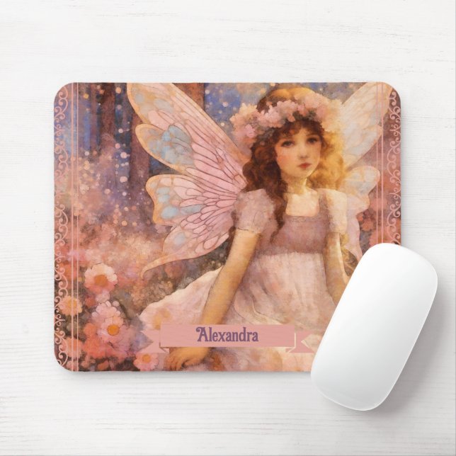 Whimsical Fairy in Dreamy Pink Floral Garden Mouse Mat (With Mouse)