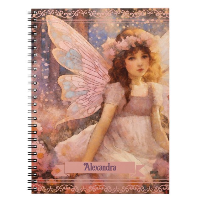 Whimsical Fairy in Dreamy Pink Floral Garden Notebook (Front)