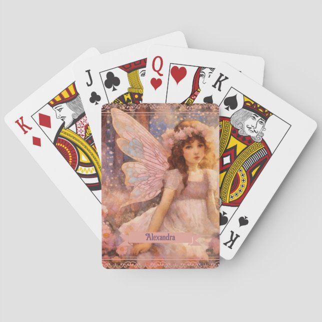 Whimsical Fairy in Dreamy Pink Floral Garden Playing Cards (Back)