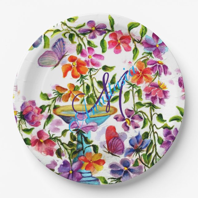 WHIMSICAL FAIRY-LIKE BIRD BATH MONOGRAM PARTY PAPER PLATE (Front)