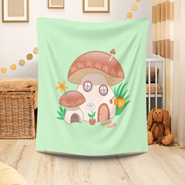 Whimsical Fairy Mushroom House Green Fleece Blanket (Creator Uploaded)