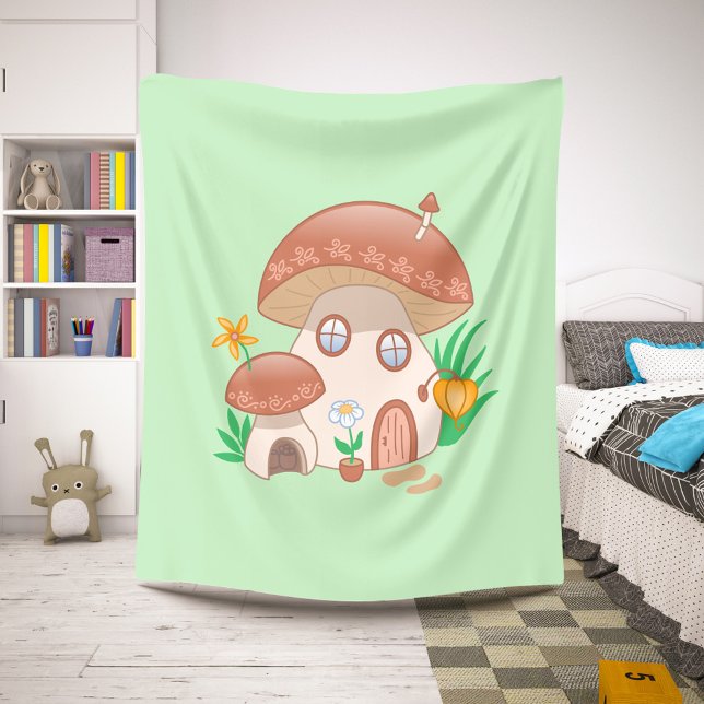 Whimsical Fairy Mushroom House Green Sherpa Blanket (Creator Uploaded)