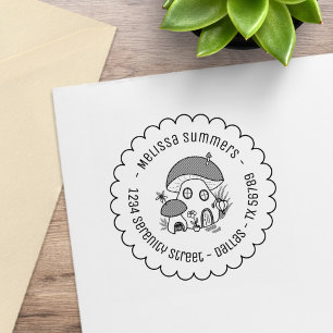 Whimsical Fairy Mushroom House Scalloped Address Rubber Stamp