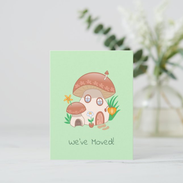 Whimsical Fairy Mushroom House We Moved Green Announcement Postcard (Standing Front)