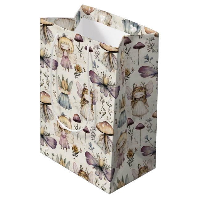 Whimsical Fairy & Mushroom Magical Flower Garden  Medium Gift Bag (Back Angled)