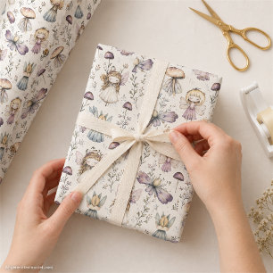 Whimsical Fairy & Mushroom Pastel Flower Garden Wrapping Paper