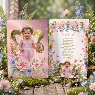 Whimsical fairy Photo 1st birthday Thank You Card