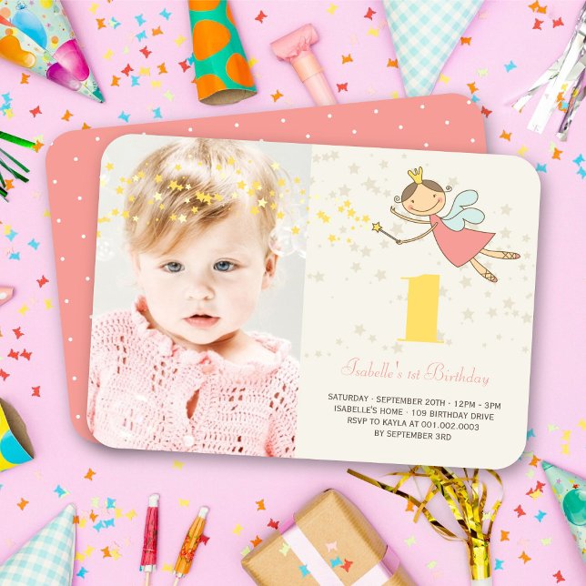 Whimsical Fairy Princess Girl 1st Birthday Photo Invitation (Whimsical Pink Magical Fairy Princess Girl's 1st Birthday Party Photo Invitation @ fat_fa_tin)