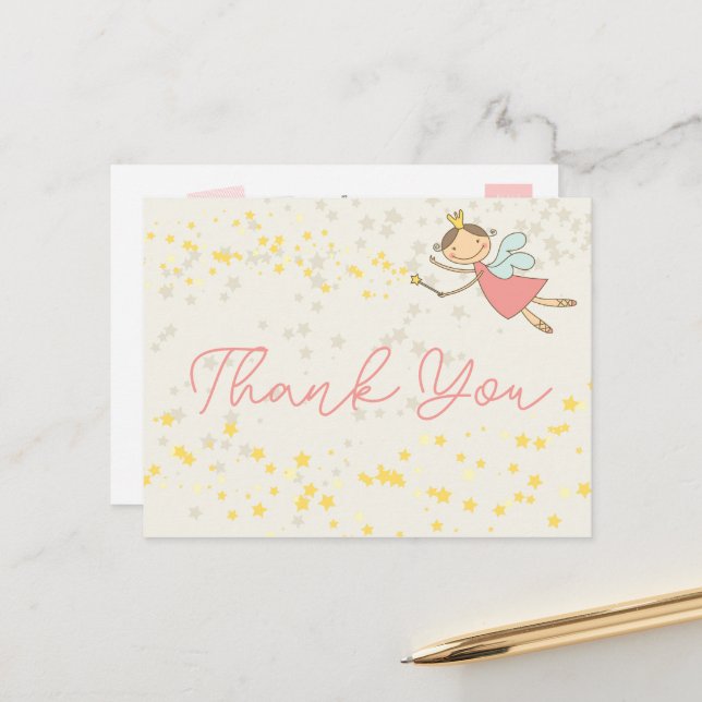 Whimsical Fairy Princess Girl Birthday Thank You Postcard (Front/Back In Situ)
