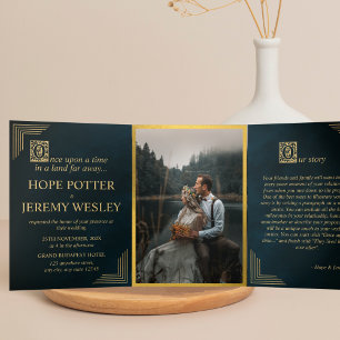Whimsical Fairy Tale Book Gold Emerald Magical Tri-Fold Invitation