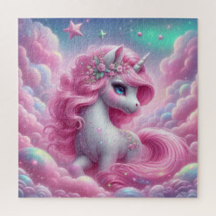 Whimsical fairy tale pink glitter and blue unicorn jigsaw puzzle