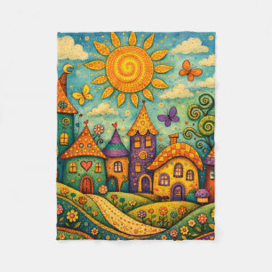 Whimsical Fairy Tale Village Colorful Canvas Art Fleece Blanket