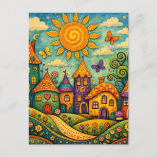 Whimsical Fairy Tale Village Colorful Canvas Art Postcard
