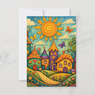 Whimsical Fairy Tale Village Colorful Canvas Art Thank You Card