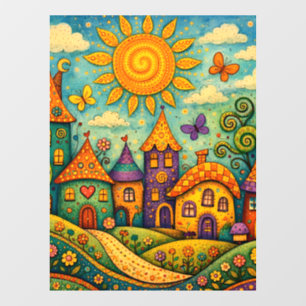 Whimsical Fairy Tale Village Colorful Canvas Art Window Cling