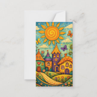 Whimsical Fairy Tale Village Colourful Canvas Art Card