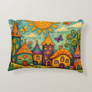 Whimsical Fairy Tale Village Colourful Canvas Art Decorative Cushion