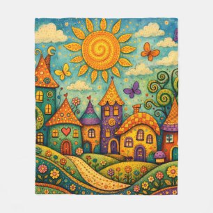Whimsical Fairy Tale Village Colourful Canvas Art Fleece Blanket