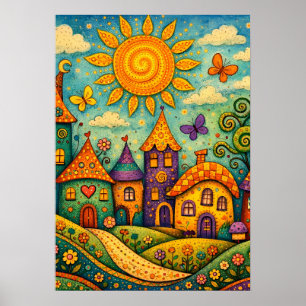 Whimsical Fairy Tale Village Colourful Canvas Art Poster