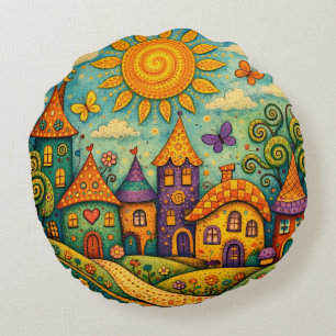 Whimsical Fairy Tale Village Colourful Canvas Art Round Cushion