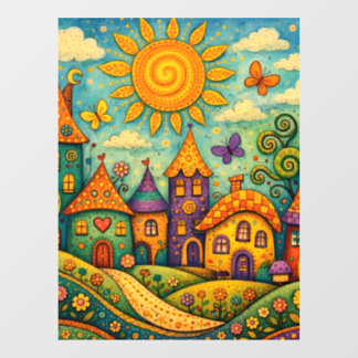 Whimsical Fairy Tale Village Colourful Canvas Art Window Cling