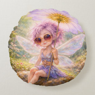 Whimsical Fairy with Dandelion – Dreamy Pastel Round Cushion