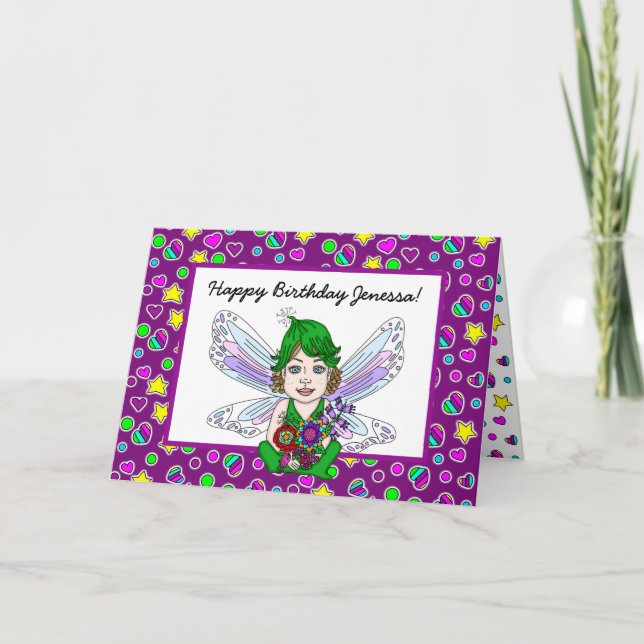 Whimsical Fairy with Flowers Happy Birthday   Card (Front)