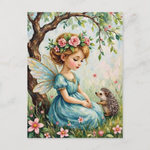 Whimsical Fairy with Hedgehog in Enchanted Garden Postcard