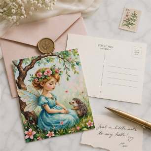 Whimsical Fairy with Hedgehog in Enchanted Garden Postcard