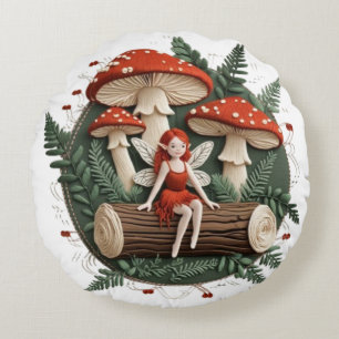Whimsical Fairy with Mushrooms – Enchanted Forest  Round Cushion