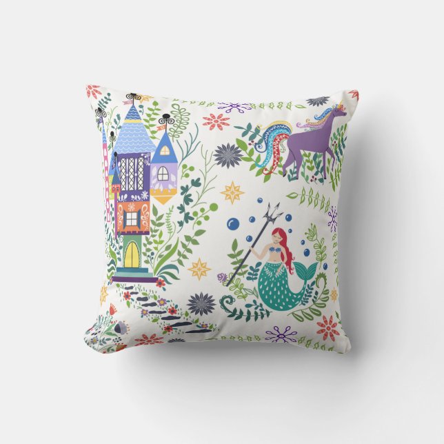 Whimsical Fairytale Folk Art Throw Pillow (Front)