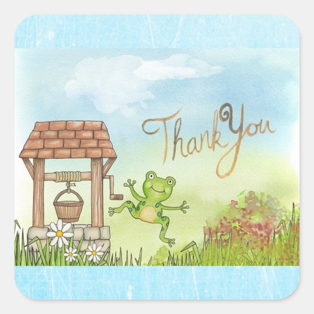 Whimsical Fairytale Frog and Well Thank you notes Square Sticker (Front)