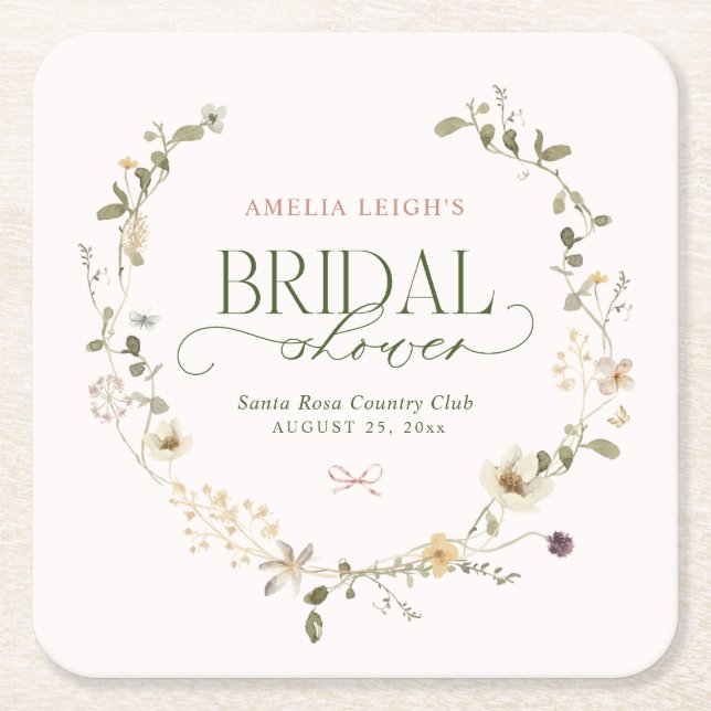 Whimsical Fairytale Garden & Bows Bridal Shower Square Paper Coaster (Front)