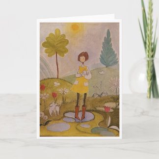 Whimsical Fairytale Girl with Dog Painting Card