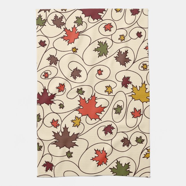 Whimsical Fall Curly Maple Leaf Pattern Tea Towel (Vertical)