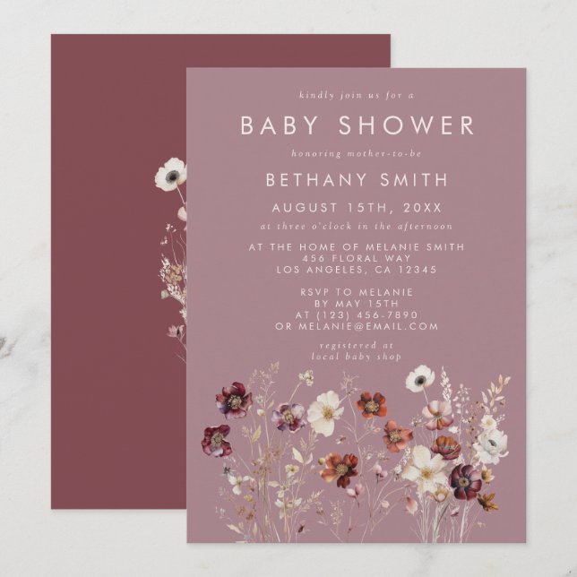 Whimsical Fall Dried Flowers Mauve Baby Shower Invitation (Front/Back)